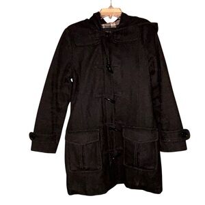 H&M L.O.G.G. Black Wool Blend Toggle‎ Duffle Coat Womens 8 Hooded Winter Jacket